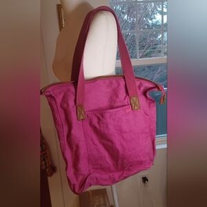 Bright Pink Large Cancas Bag With Zipper And Faux Leather Trim